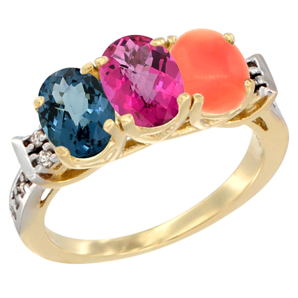 10K Yellow Gold Natural London Blue Topaz, Pink Topaz & Coral Ring 3-Stone Oval 7x5 mm Diamond Accent, sizes 5 10 by WorldJewels