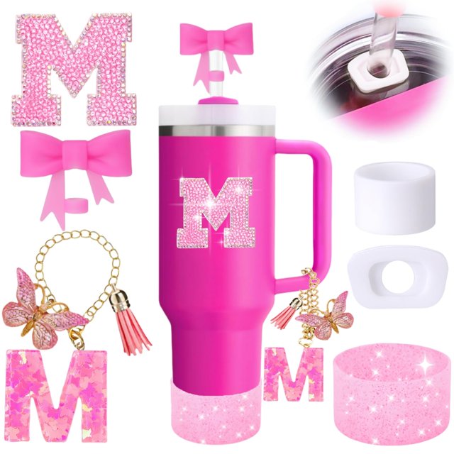 6PCS Pink Stanley Cup Accessories Set, Initials Decorations for Stanley Cup 30oz 40oz, Includes Bow Straw Topper, Handle Charm, Letter Sticker, Silicone Boot, Spill Proof Stopper (Letter M)