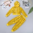 thumbnail image 3 of MSemis Kids Boys Girls Hip Hop Jazz Outfits Dancing Costume Sequins Hooded Tops Pants Fedora Hat Set Yellow 9-10, 3 of 6