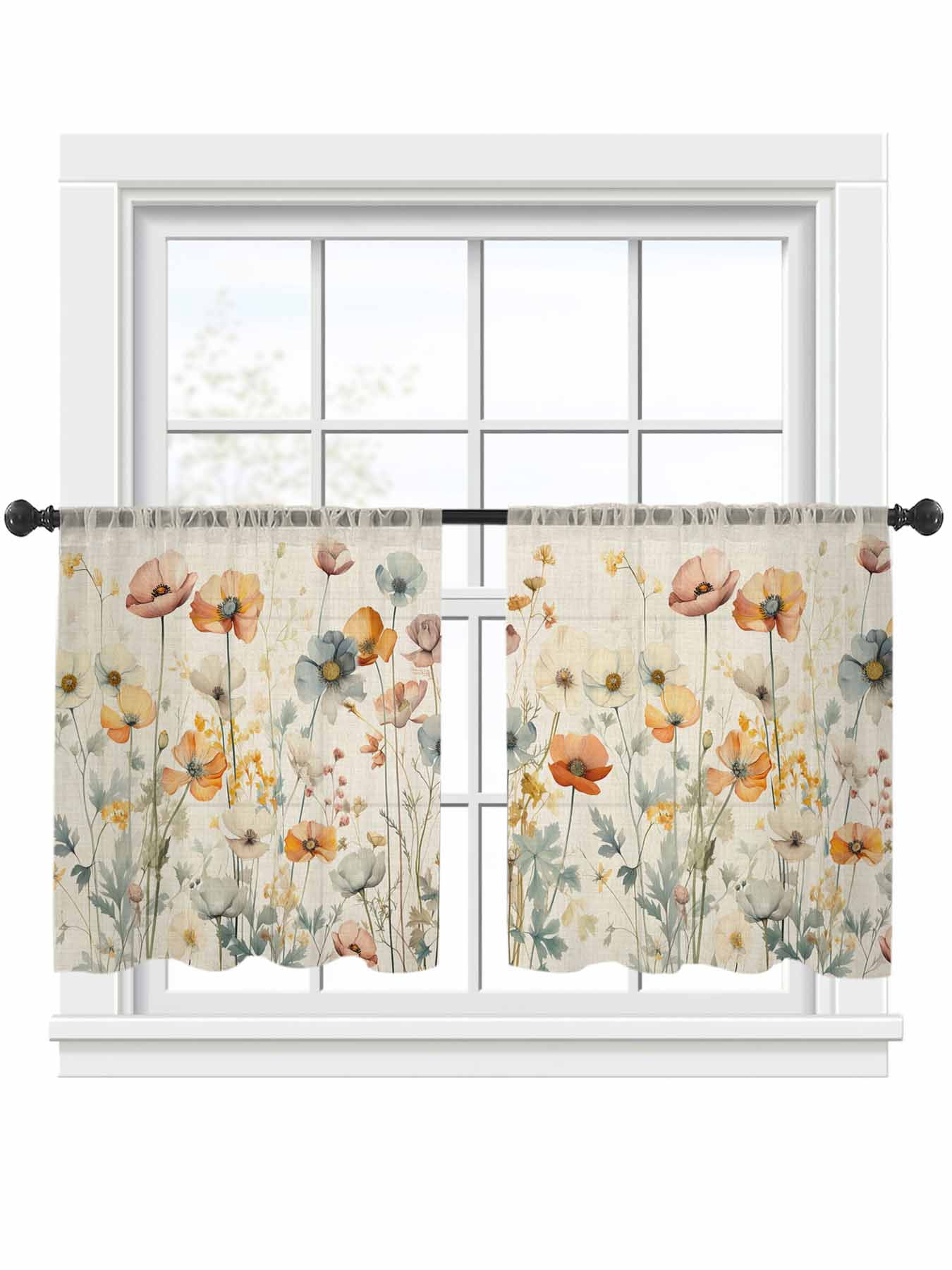 Vintage Flowers Sheer Curtains 45 inches Long 2 Panels Set Watercolor Floral Leaves Linen Tiers Sheers Rod Pocket Small Window Short Curtains for Kitchen Cafe, Each 52" W x 45" L