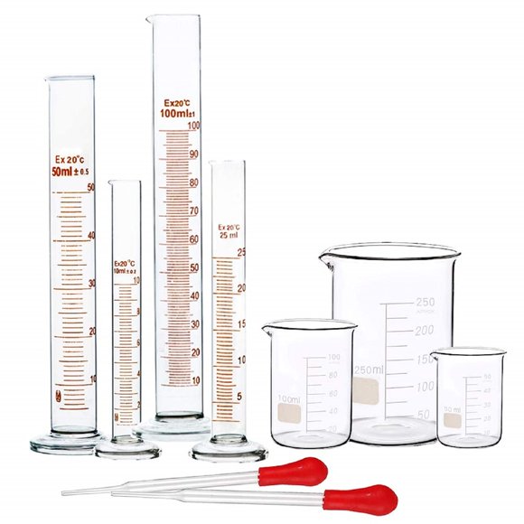 Superlele Juego De Cilindros Graduados De Vidrio De 10 Ml, 25 Ml, 50 Ml, 100 Ml, Juego De Vasos De Vidrio Grueso De 50 Ml, 100 Ml, 250 Ml Con 2 Goteros