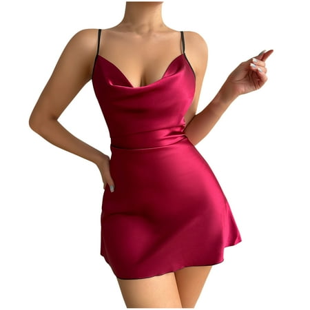 Tumotour Satin Silk Nightgowns For Women Mini Dress Pajamas Loungewear Sleeveless Nightgown Solid Color Lace Sleepwear Chemise Lingerie Dress Tank Sleepwear Nightshirt