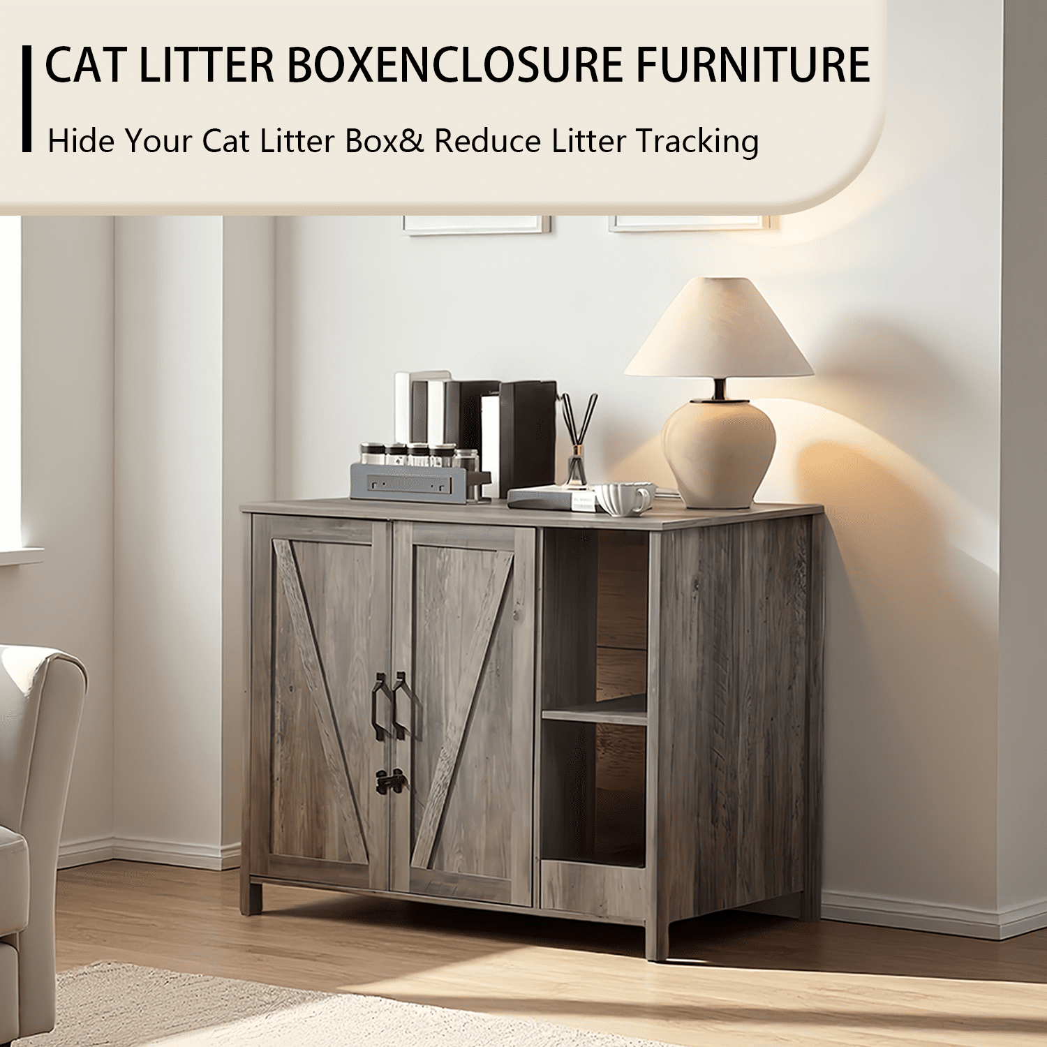 Litter Enclosure with Litter Collector, Litter Cabinet with Dog-Proof Adjustable Shelf, for Placing Cat Robot 3/4, Power Outlet