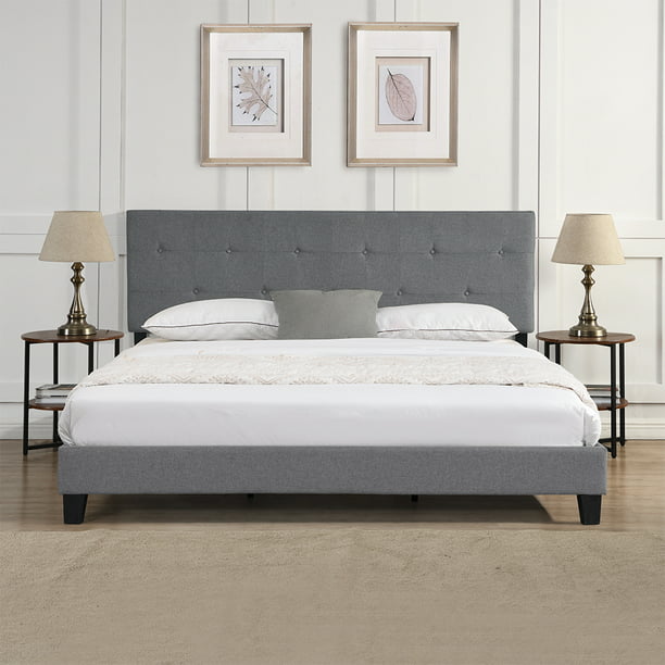 Gray Upholstered Platform Bed King, Wooden King Size Bed Frame No Headboard