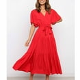 thumbnail image 3 of Summer Dresses with Drawstring Solid Color V Neck Flared Sleeve Tiered Ruched Dresses Casual Loose Midi Dresses for Women Red XL, 3 of 6