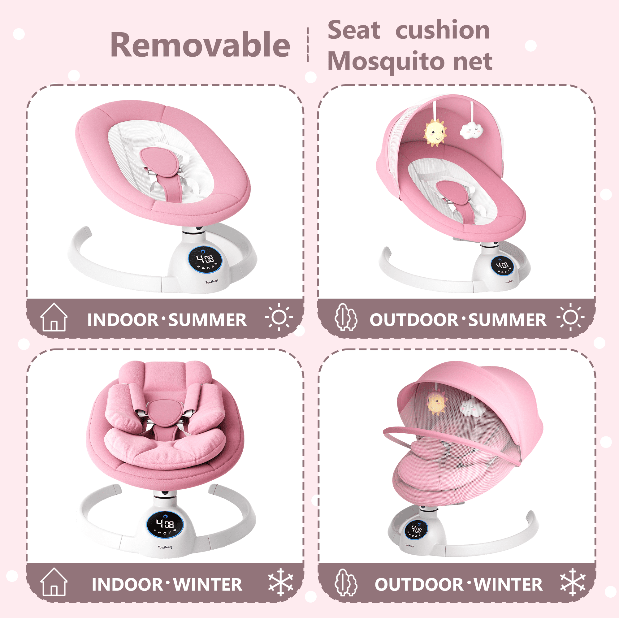 TouHeart Electric Baby Swing, Infant Rocker with Bluetooth & Remote,5 Speeds,10 Lullabies,3 Timing, Pink