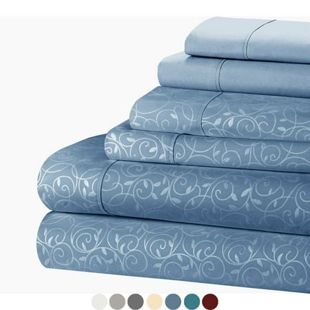 Blue Passion Vine - Luxury Embossed Vines Scrolls Soft 6-Piece Bed Sheet Set