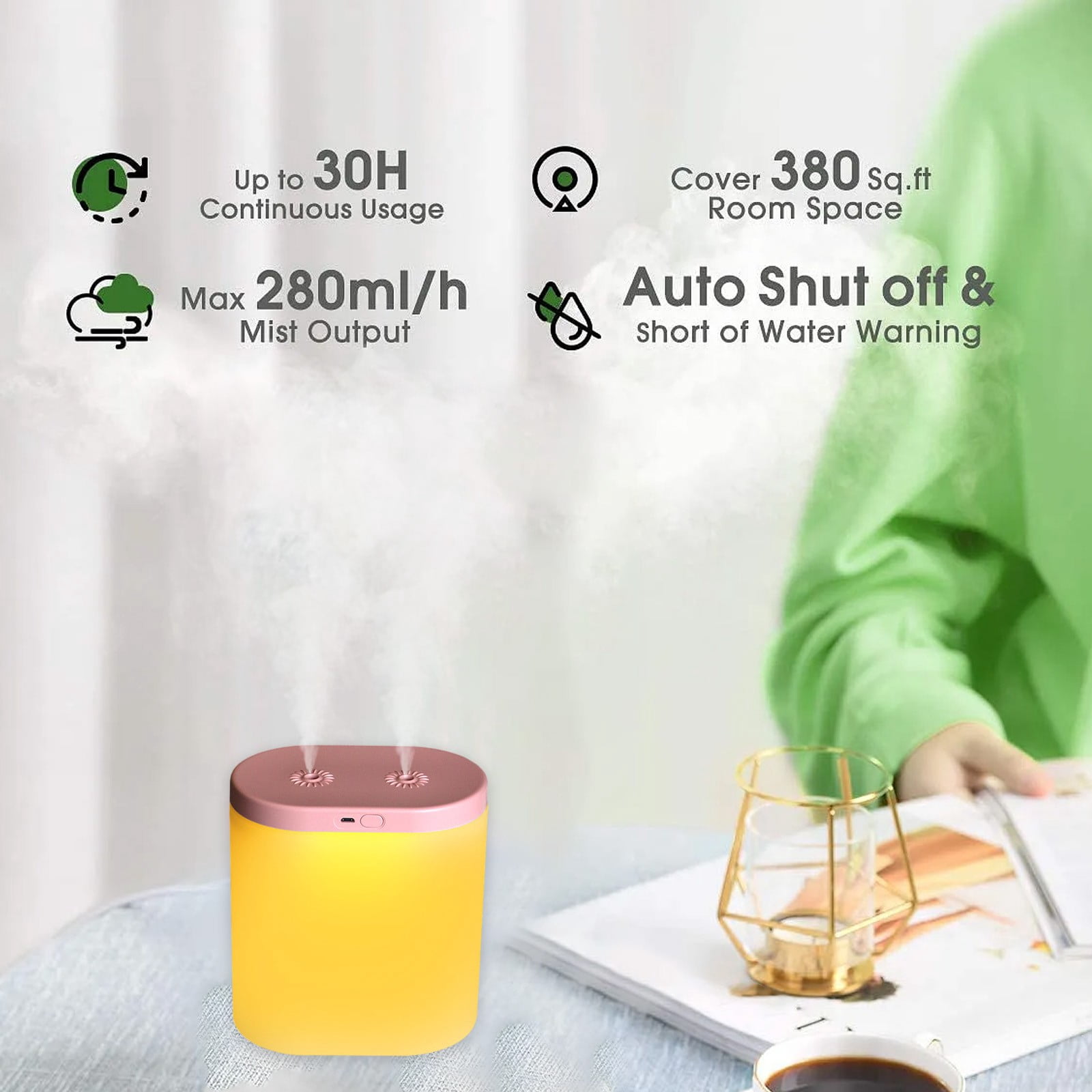 Humidifier Large Room,500Ml Mini Quiet Cool Mist Humidifier (Pink),Three Adjustable Modes,Air Humidifier for Home Baby Nursery & Plants