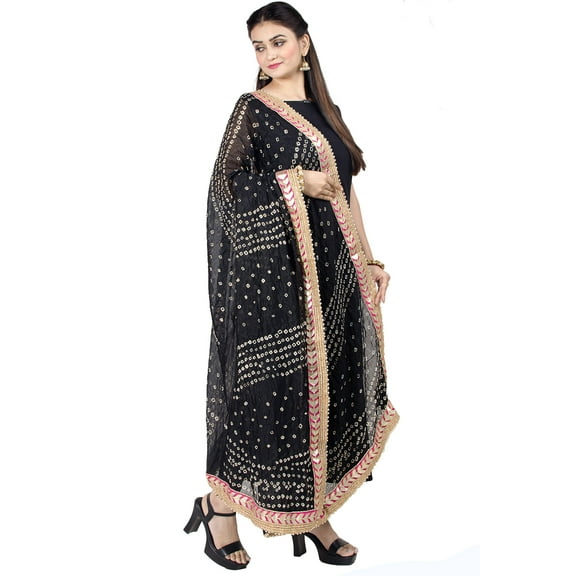 Chandrakala Women's Indian Black Bandhej Chiffon Dupatta Neck Wrap Long Stole Scarf Chunni,Free Size (D195BLA)