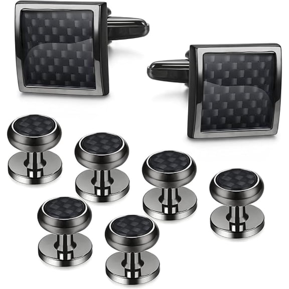 8 Pcs Men's Carbon Fiber Cufflinks & Studs Set, Silver Black Gold Tone, Classic Polished for Tuxedo, Business Suits and Wedding Attire