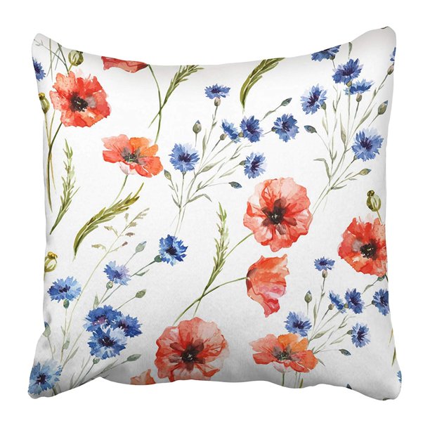 BOSDECO Blue Flower Poppy Cornflower Watercolor Pattern Pink Daisy
