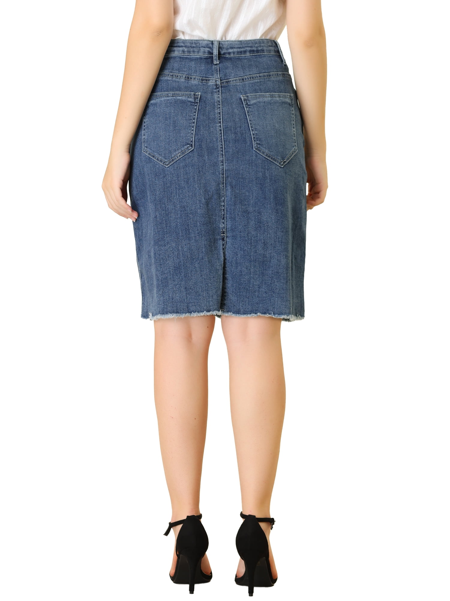 DARING DIVA Women's Ripped Hem Washed Jeans Denim Skirt L Dark Blue