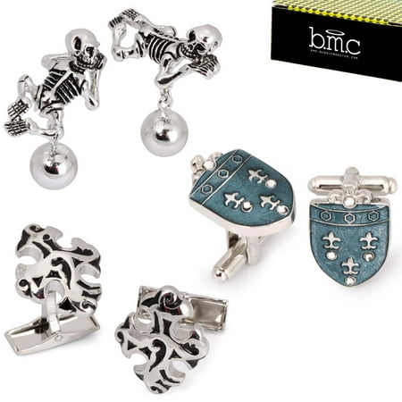 BMC 3 Pair Fun Trendy Modern Style Dress Shirt Silver Color Mens Cufflinks Set