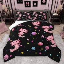jejeloiu Cartoon Cute Axolotl Queen Comforter Set,Kawaii Animal Salamander Bedding Sets,Pink Black Bedding Comforter Set For Girl,Luxury Bedroom Decor,3 Pieces