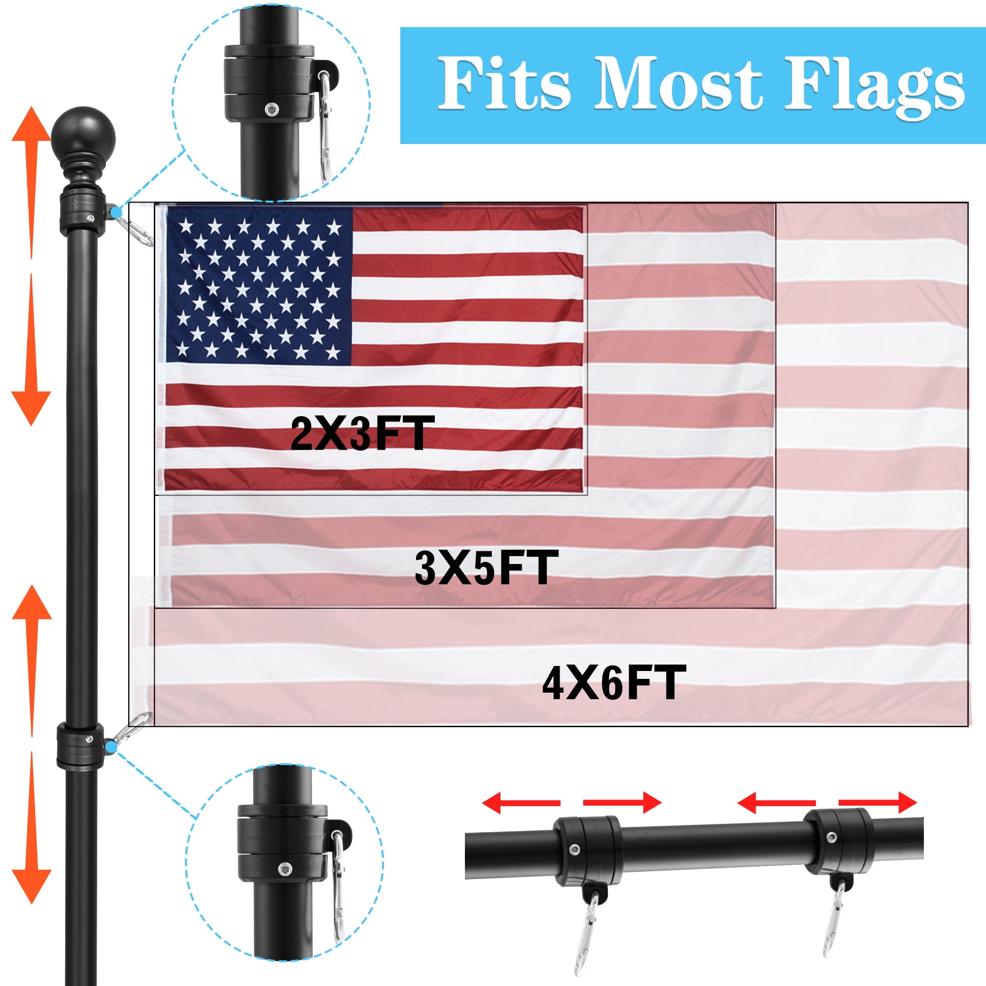 Widyana Metal Flag Pole 5Ft, Include a 3x5Ft US Flag, a Holder, Two No-Tangle Rings, 1 Set, Black