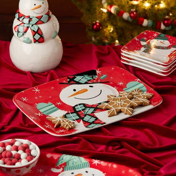 Christmas Whimsy Snowman 14 in. Rectangular Assorted Colors Ceramic Platter