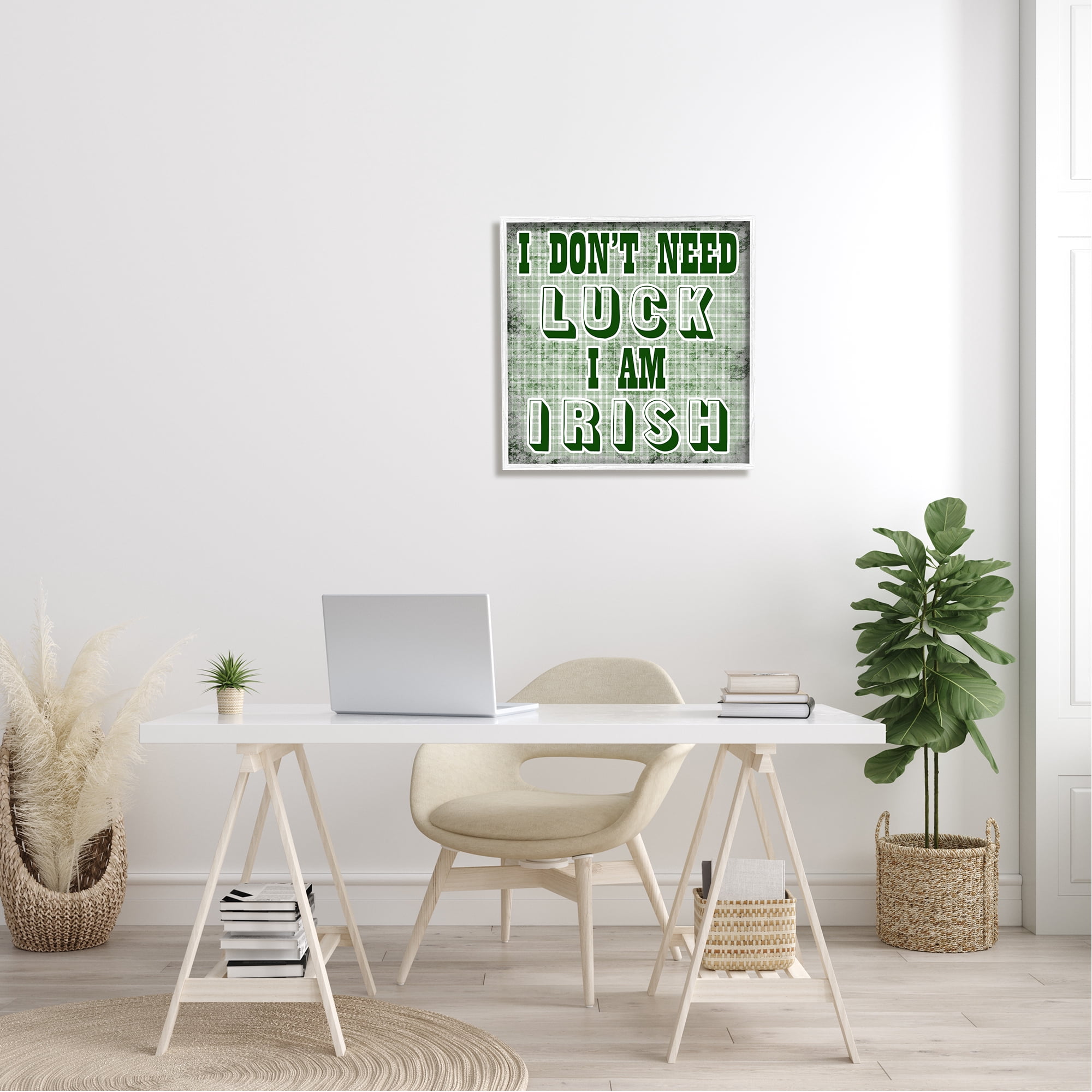 Stupell Don't Need Luck I'm Irish Funny Plaid Holiday Painting White Framed Art Print Wall Art