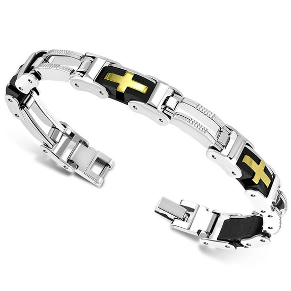 Stainless Steel Two-Tone Religious Cross Men's Medical ID Bracelet