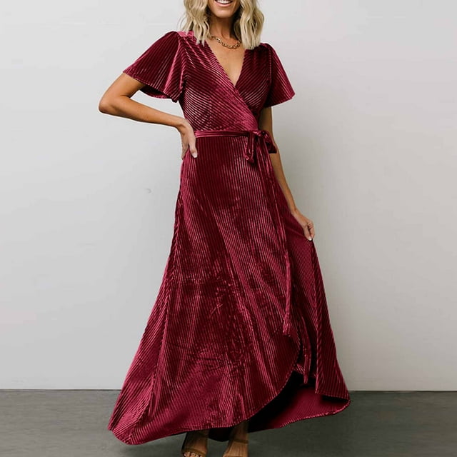 Robe Femme Liquidation Tendances Été Sexy Rayée Col en V Manches Courtes Couleur Unie Soirée Formelle Longue Robe Rouge S