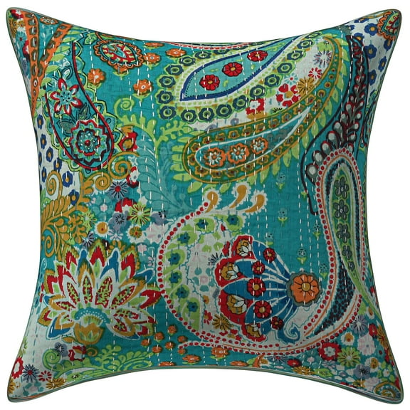 Stylo Culture Indian Decorative Throw Pillow Cover 16 x 16 Floral Kantha Sea Green Printed 40cm x 40cm Home Decor Cotton Paisley Square Cushion Cover | 1 Pc