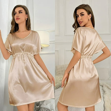 Linfrsh Women s Satin Nightgown Silk Slip Dress Sleepwear Sexy V Neck Lingerie Short Soft Nightwear Khaki S