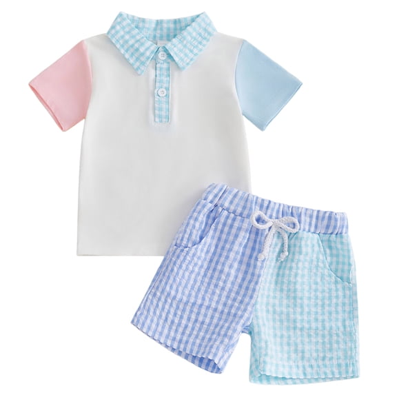Nwiuh Toddler Baby Boy Mothers Day Outfit I Love Mom Color Block Button Short Sleeve Collared Shirt and Stripes Shorts Set (Light Pink, 18-24 Months)