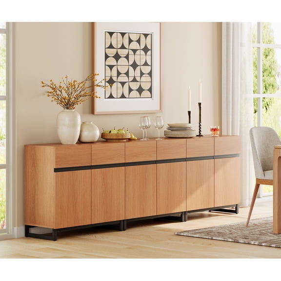 94.5" Wooden Reeded Sideboard with Built-in Charging Station, 4-In-1 Modern Credenza Storage Cabinet for Kitchen, Dining Room