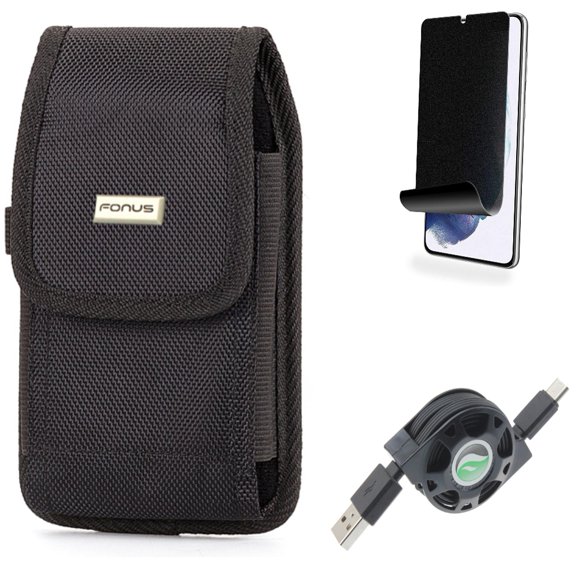 For Samsung Galaxy S21 (6.2") - [Fingerprint Works] TPU Film Privacy Screen Protector   Holster Rugged Case Belt Clip   Type-C Retractable USB Cable