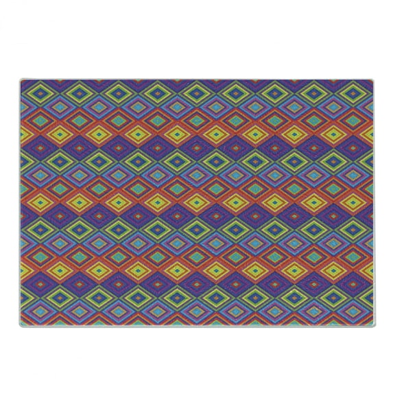 Trippy Cutting Board, Hippie Style Square Shapes in Vibrant Colors Psychedelic Pattern Retro Illustration, Decorative Tempered Glass Cutting and Serving Board, Small Size, Multicolor, by Ambesonne
