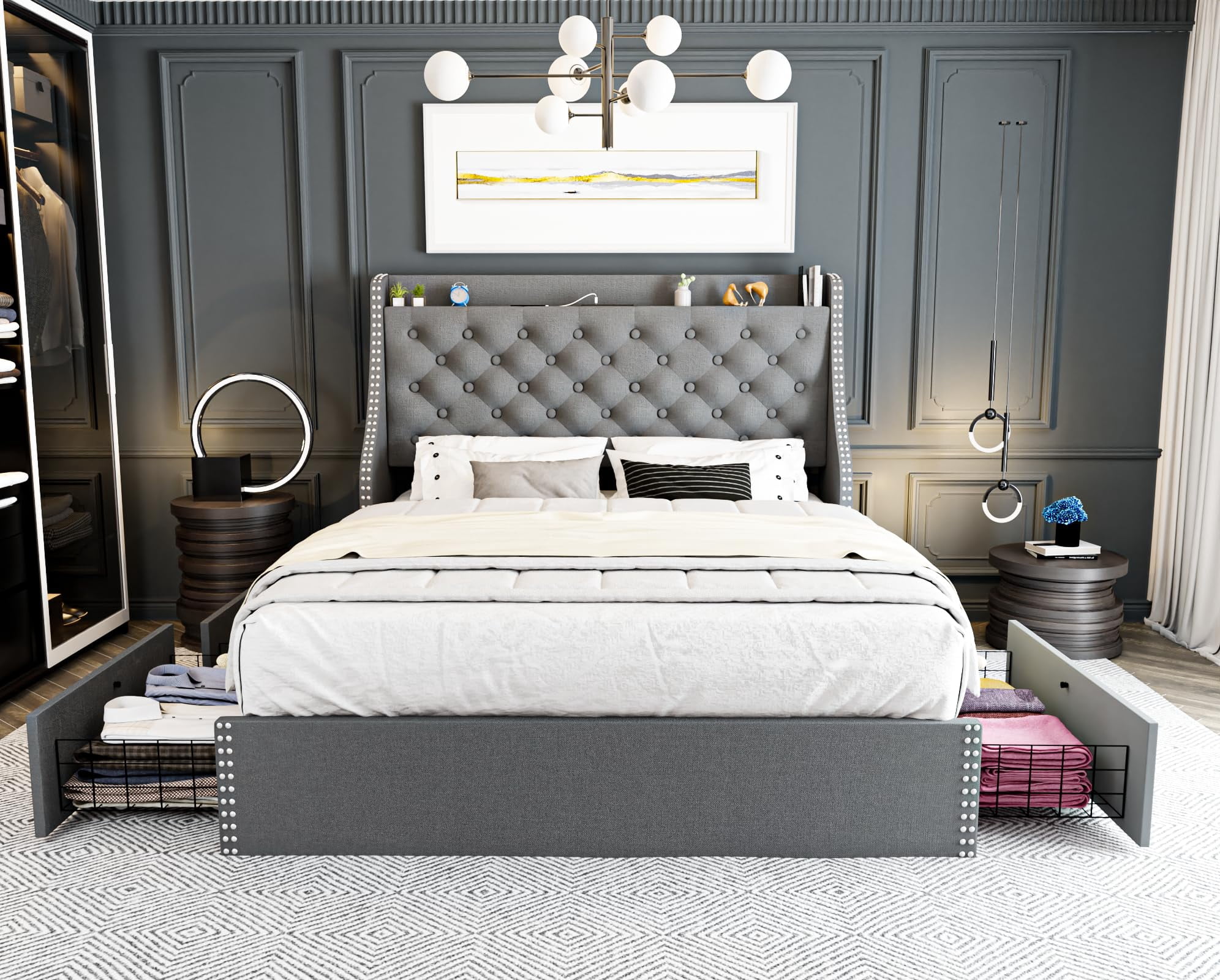 King Size Bed Frame with Adjustable Headboard, Upholstered Platform Bed Frame with Wooden Slats Support, No Box Spring Needed, Non-Slip, Noise-Free, Easy Assembly, Black
