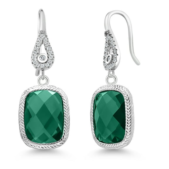 Gem Stone King 925 Sterling Silver Green Nano Emerald Drop Dangle Earrings for Women (4.60 Cttw, Cushion Checkerboard Cut 13X9MM)