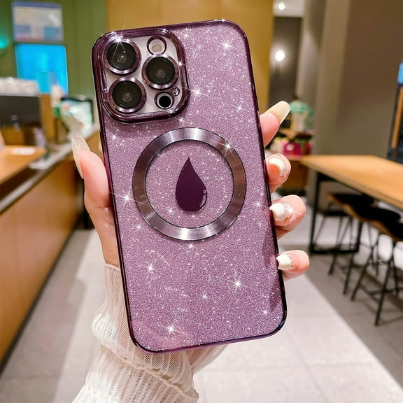 Compatible with iPhone 14 Pro Max Magnetic Glitter Case 6.7 Inch, Elegant Water Droplet Pattern Plating Bling Case, Compatible with MagSafe for Women Girls Shockproof Back Cover-Purple