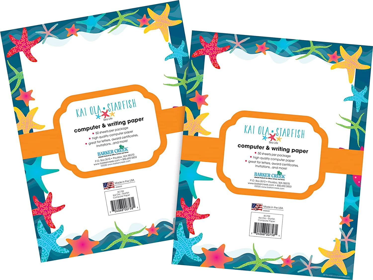 Barker Creek Designer Computer Paper 100 Sheet Set, Kai Ola Starfish, Decorative Paper, Stationery, 8.5" x 11", 100 sheets, Home, School, and Office Supplies (4203)
