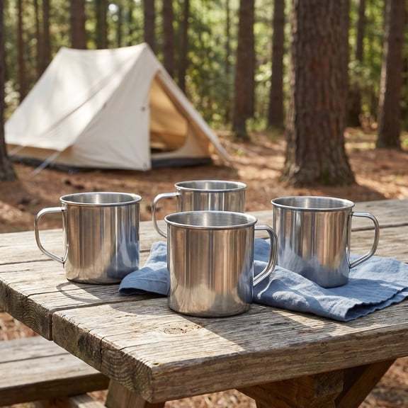 WEUVEB Stainless Steel Camping Cups Set of 4 Metal Tumblers with Handle 10x7x7 cm Outdoor Drinkware