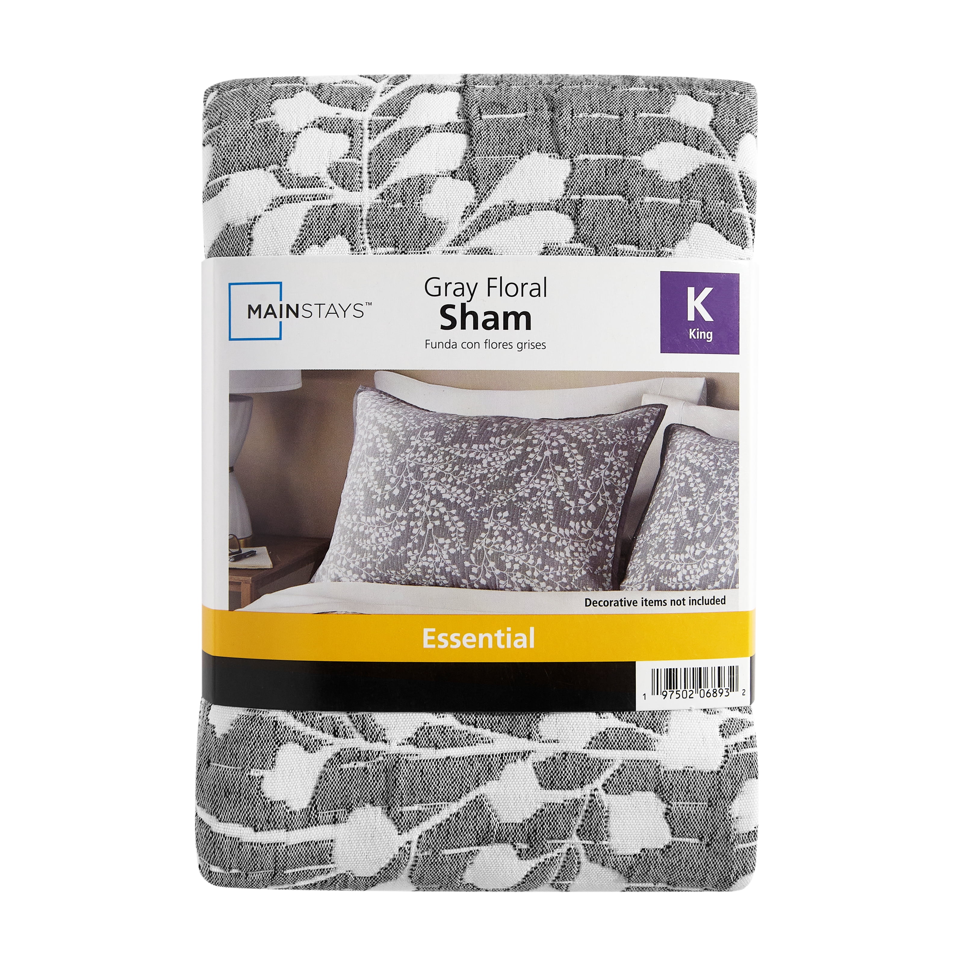 Mainstays Botanical Floral Stitched Pillow Sham, King, Light Grey, 1 Pack