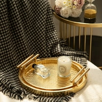 MODE HOME Modern Decorative Tray Set of 2, Wooden Round Crocodile Leather Tray with Polished Metal Handles, Decorative Serving Trays Coffee Table Trays Ottoman Platter for Home Decor (Golden)