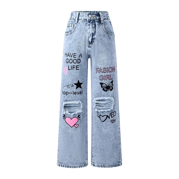 EnJoCho Girls Kids Cartoon Print Wide Leg Straight Denim Jeans Pants Summer Cute Baggy 𝖸𝟤𝖪 Teen Trendy Prep𝗉y Streetwear Bottoms Trousers