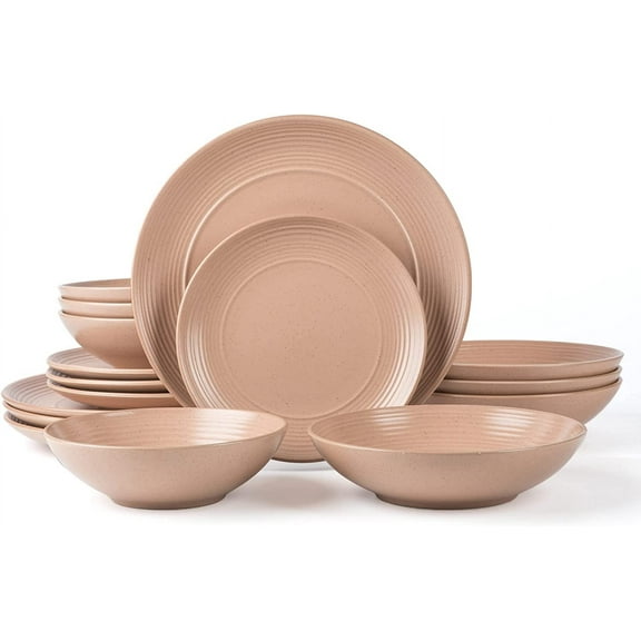 RINGAR Round Stoneware 16pc Double Bowl Dinnerware Set for 4, Dinner Plates, Side Plates, Cereal Bowls, Pasta Bowls - Speckle Matte Coral (407490)