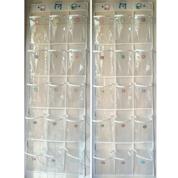 Nyhpar  2 Pack Headphone Storage Classroom, Over the Door Hanging Headphone Holder Organizer for Classroom Shelves with 30 PVC Clear Pocket Chart,  Wall Hanging Organizer