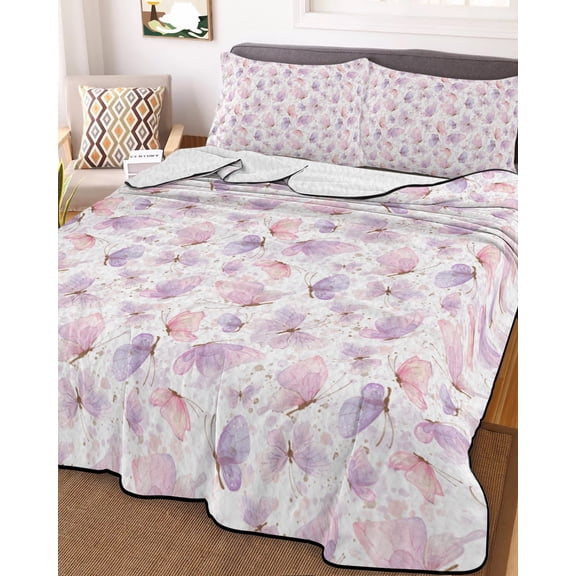Pink Purple Butterfly Full Size Down Alternative Comforter, Lightweight Comforter Quilt Bedding Set with Pillow Shams Spring Watercolor Butterfly All Seasons Bed Comforter Duvet Insert 78"x90"