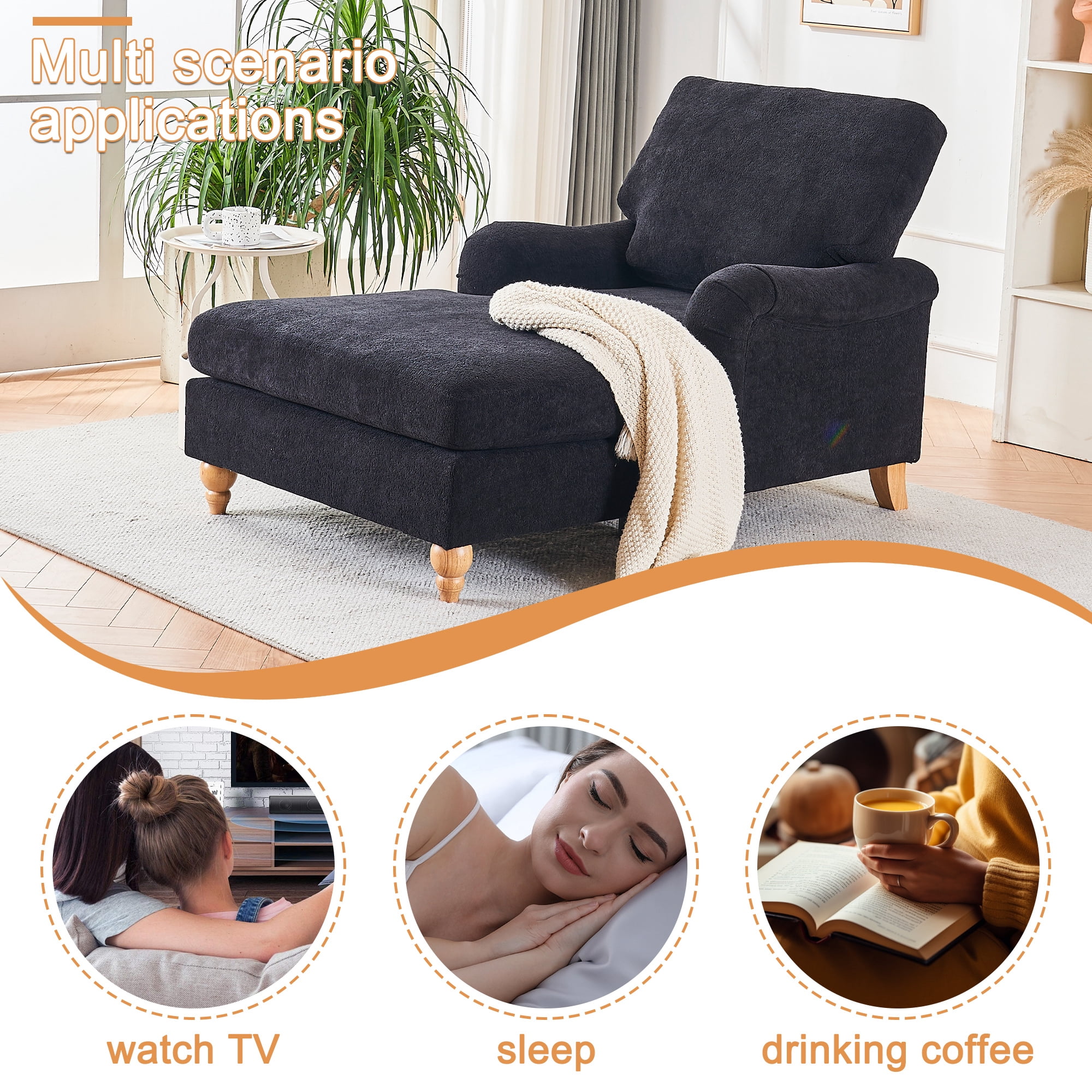 Aukfa Modern Oversized Chaise with Adjustable Backrest, Sleeper Chair Sofa Recliner for Living Room, Black