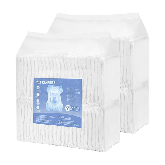 KFFKFF Disposable Dog Diapers, Super Absorbent Female Pet Diapers, 360° Leak-Resistant Design with Wetness Indicator for Heat Cycle, Training, and Incontinence - M, 96 Pack (2 Sets of 48)