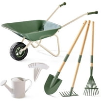ROBUD Kids Gardening Tools & Wagon Toy Set, 6PCS ool Set with Metal Toy Wheelbarrow, Shovel, Hoe, Broom & Kettle, Outdoor Yard Play for Planting, Sand, Leaves & Snow Fun, Gifts for Toddler 3 (Green)