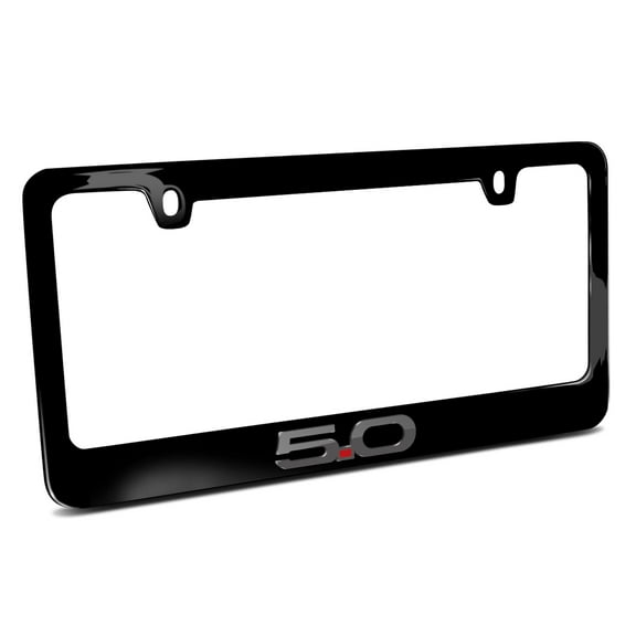 Ford Mustang 5.0 in 3D Dark Gray Letters on Black Metal License Plate Frame