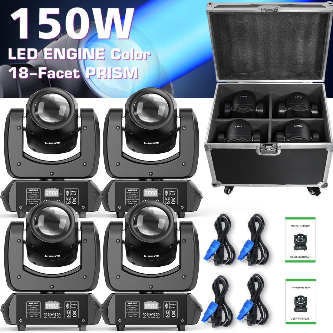 4 Pack COB LED Moving Head Stage Light with Flight Case, 18 Prism 8500K Gobo DJ Light for Club Disco Party Halloween