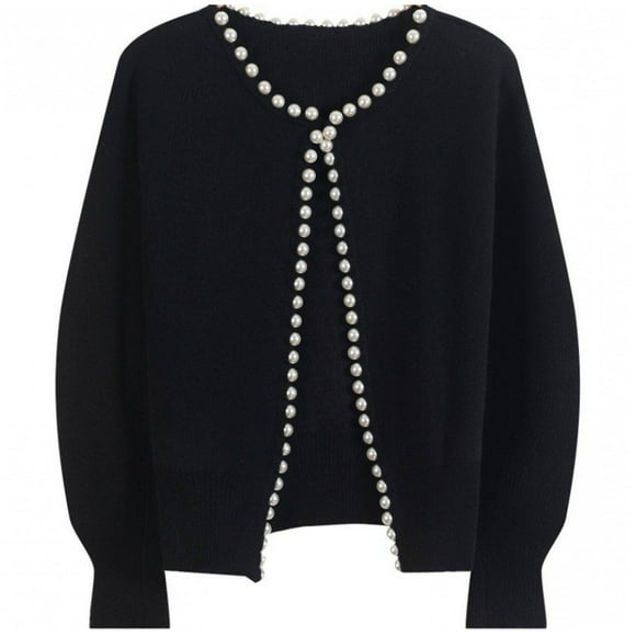 GPOECD Women Fashion Vintage Pearl Knit Cardigan Loose Short Sweater Jacket Coat Black,One Size
