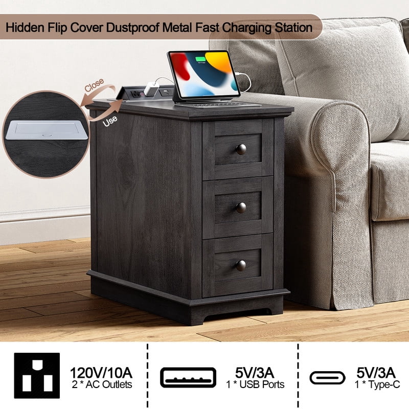 PLAMLE End Table with 3 Drawers for Living Room,Nightstand Sofa Side Table with Charging Station,End Table.