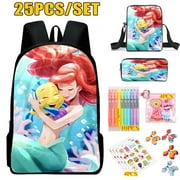 The Little Mermaid Kids Backpack Distinctive Painting Animation Paint Ariel Camping Bagpack with Pencil Case 25Pcs/Set for College Boys Girls Good Gift For Girls Boys