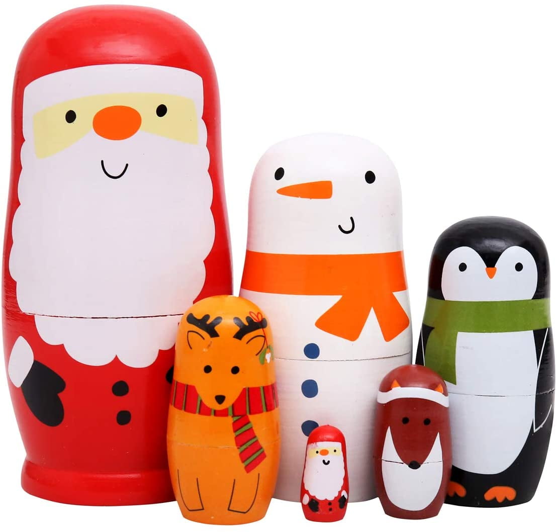 Set of 6 Santa with Christmas Gifts Wooden Nesting Dolls 5.5 Inches 