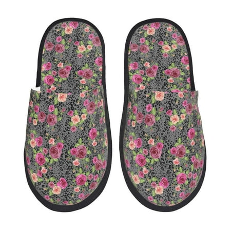 Balery Rose Mix Leopard Slient Indoor Furry Fleece Comfort House Shoes Soft Non-Slip Home Shoes Cotton slippers House Slippers-- Medium